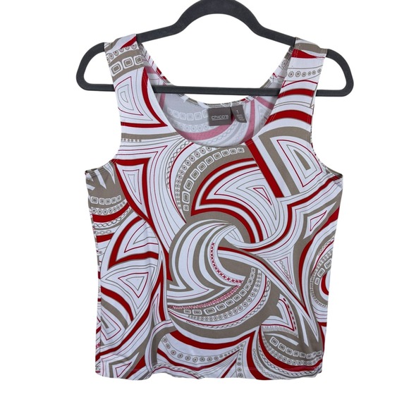 Chico's Tops - Chico's White Tan Red Patterned Sleeveless Stretchy Nylon Tank Beachy Summer M